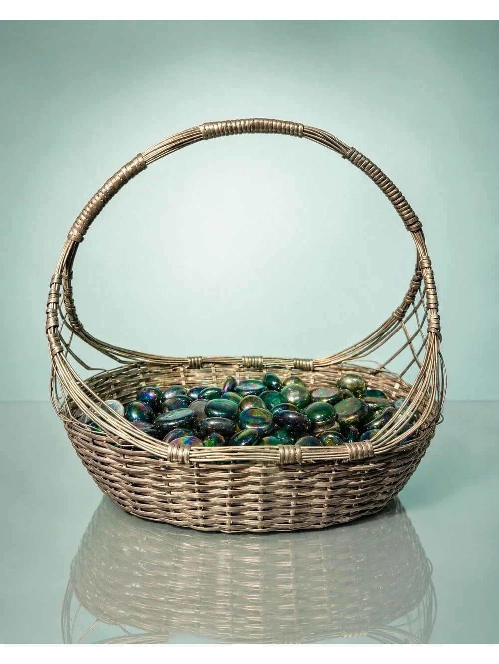 Vintage 1950s Woven Silver Tone Wire Basket With Iridescent Glass Gems, 7x7”